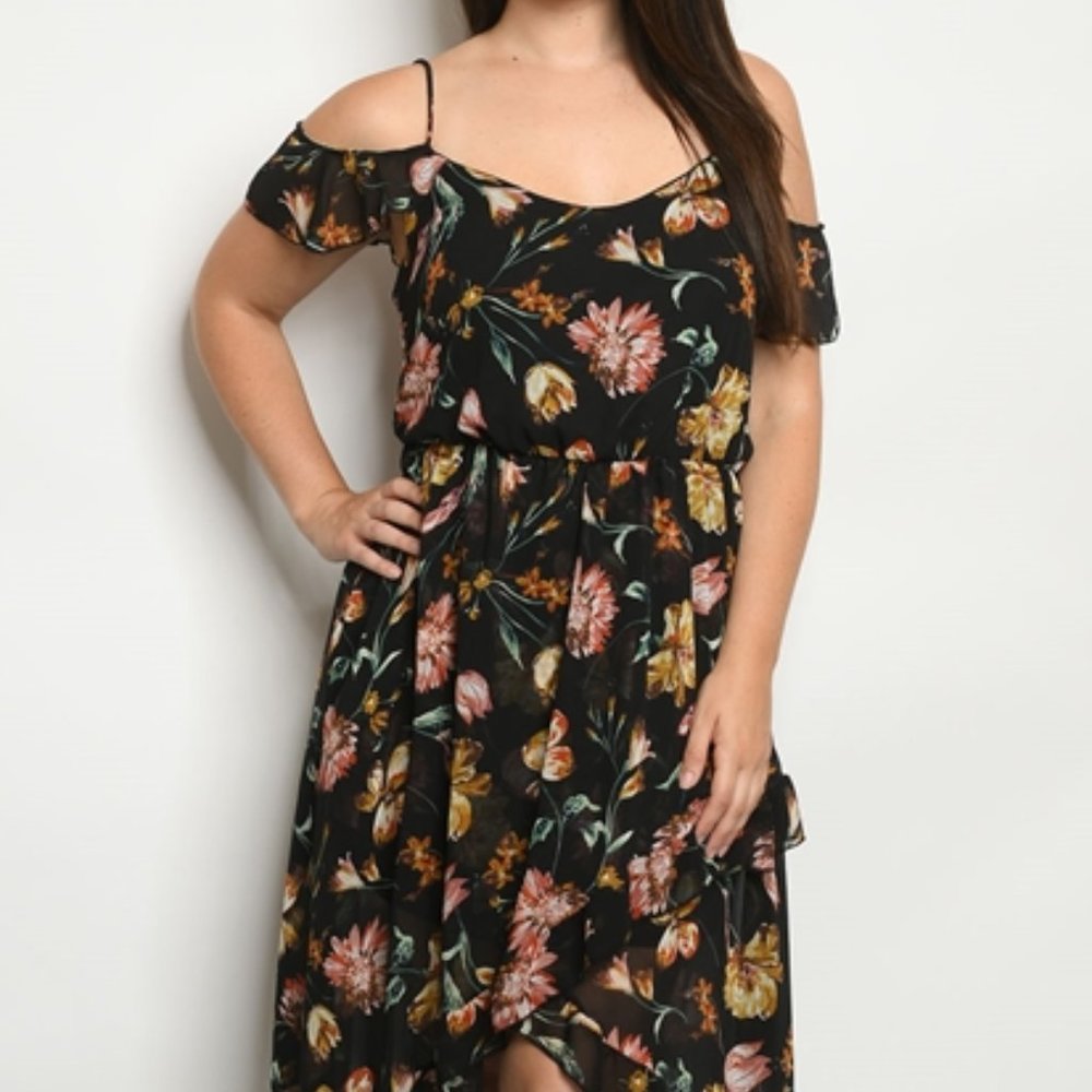 Trend Setter Diva Boutique Black Floral High-Low Cold Shoulder Dress - Picture 3 of 10